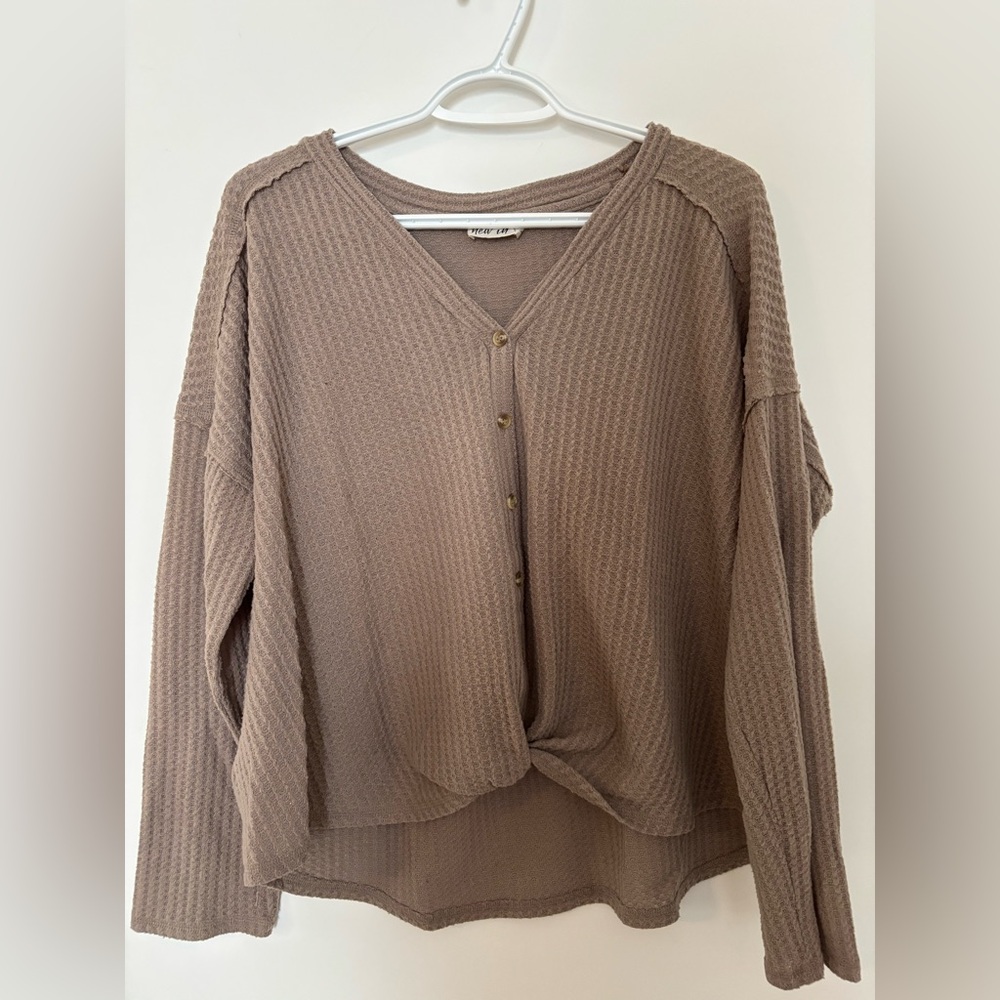 Waffle Knit Button-Front Top in Taupe